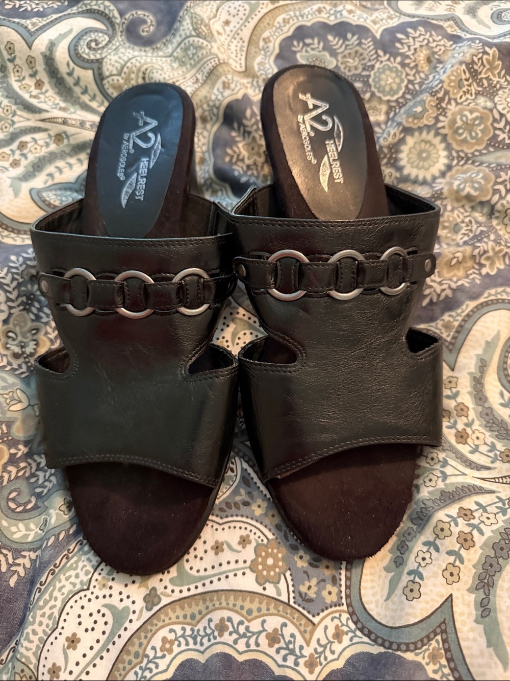 A2 By Aerosoles Black Leather Slide Mules with Linked Ring Detail